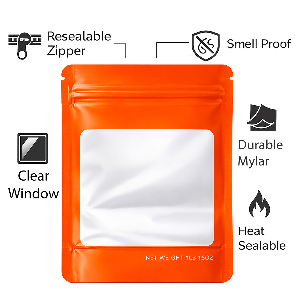 1Lb Square Window Mylar Bag - Premium Packaging (25 Count) (Orange) SMBW-1LB-012 - Image 4