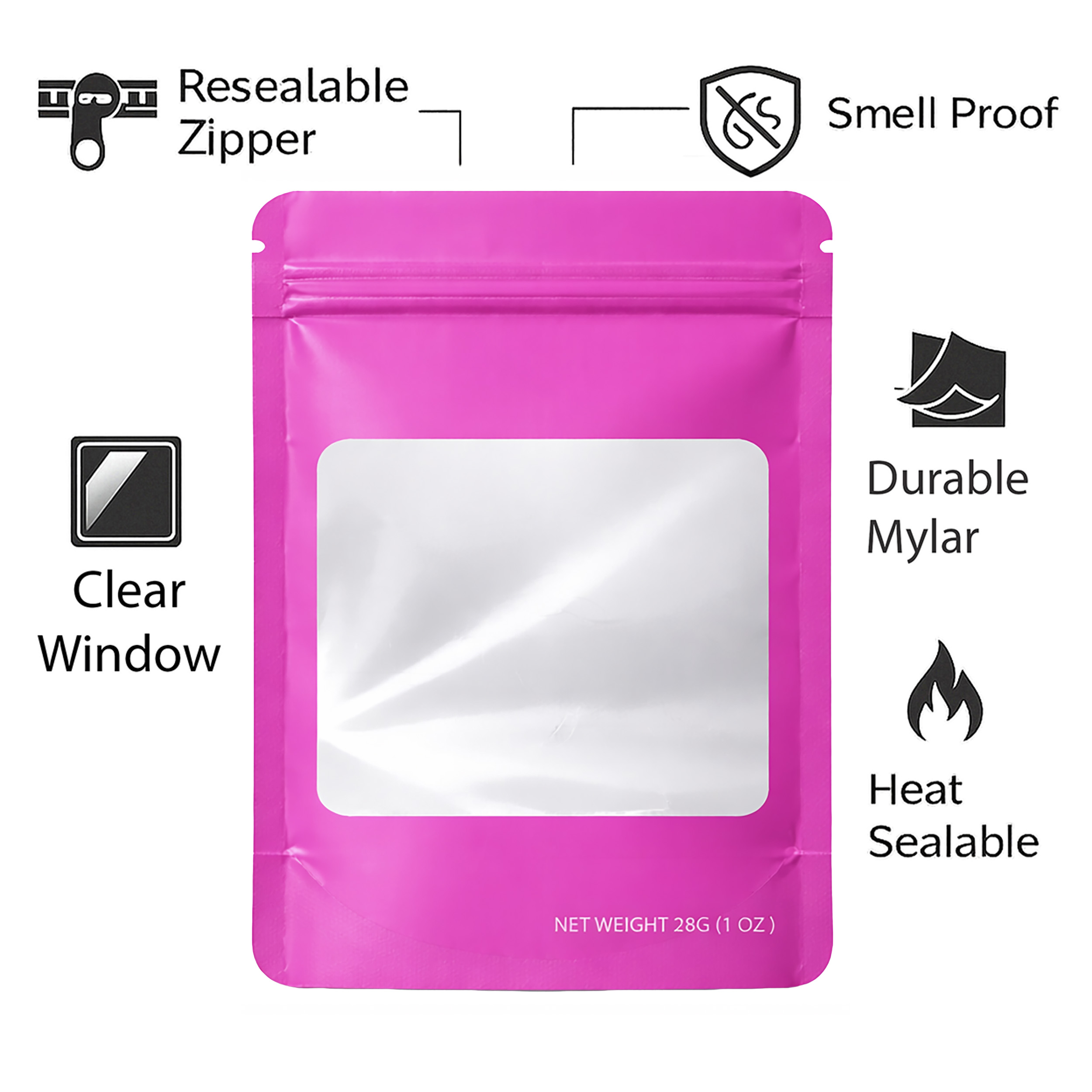 28 Gram Mylar Bag - Premium Smell-Proof Packaging (Square) (Pink) (50 Count) SMBW-28G-008 - Image 4