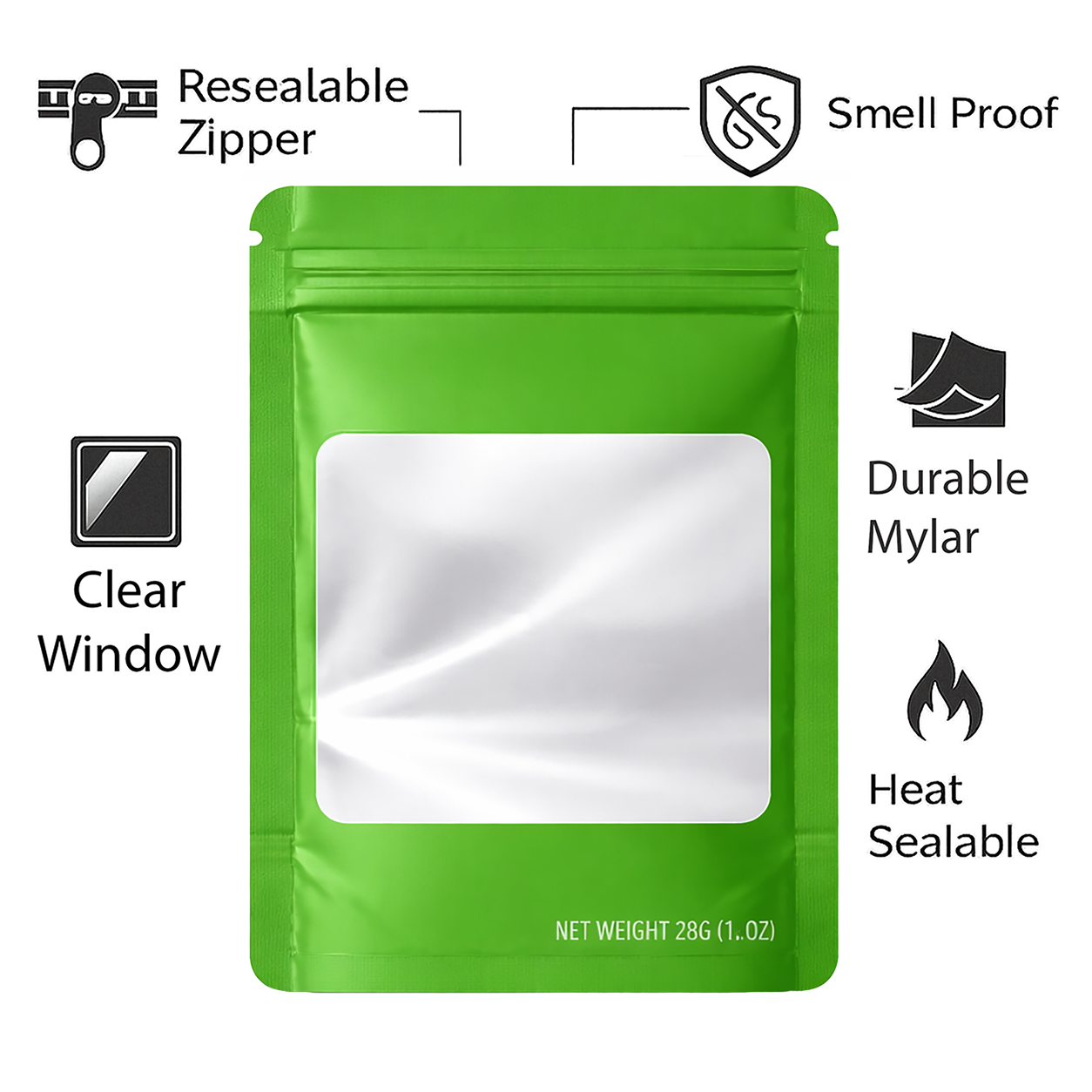 28 Gram Mylar Bag - Premium Smell-Proof Packaging (Square) (Green) (50 Count) SMBW-28G-009 - Image 4