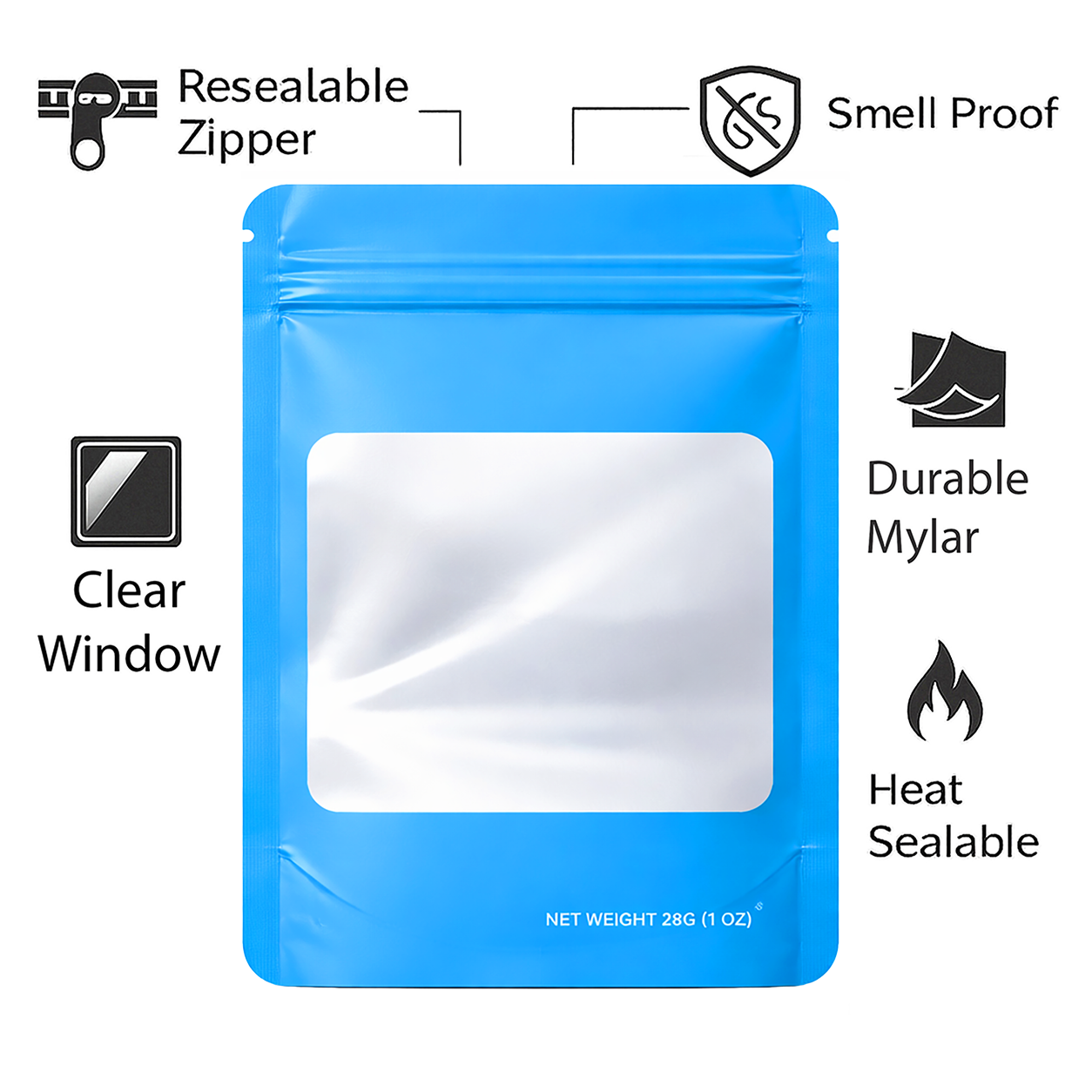 28 Gram Mylar Bag - Premium Smell-Proof Packaging (Square) (Light Blue) (50 Count) SMBW-28G-010 - Image 4