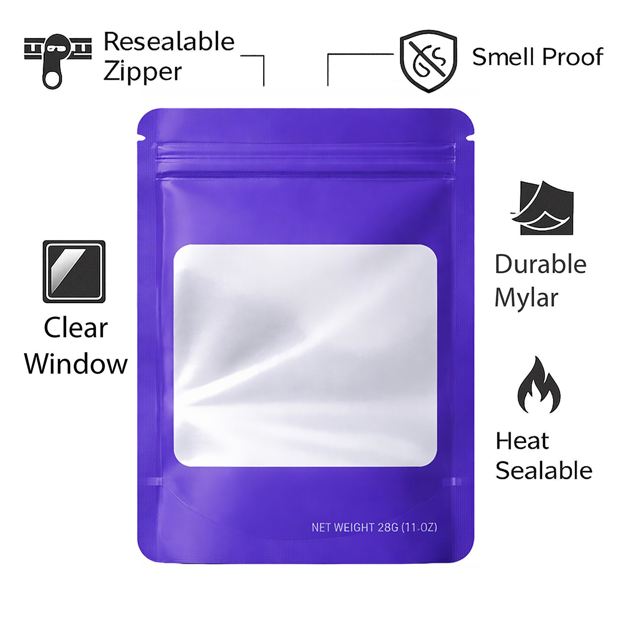 28 Gram Mylar Bag - Premium Smell-Proof Packaging (Square) (Purple) (50 Count) SMBW-28G-011 - Image 4