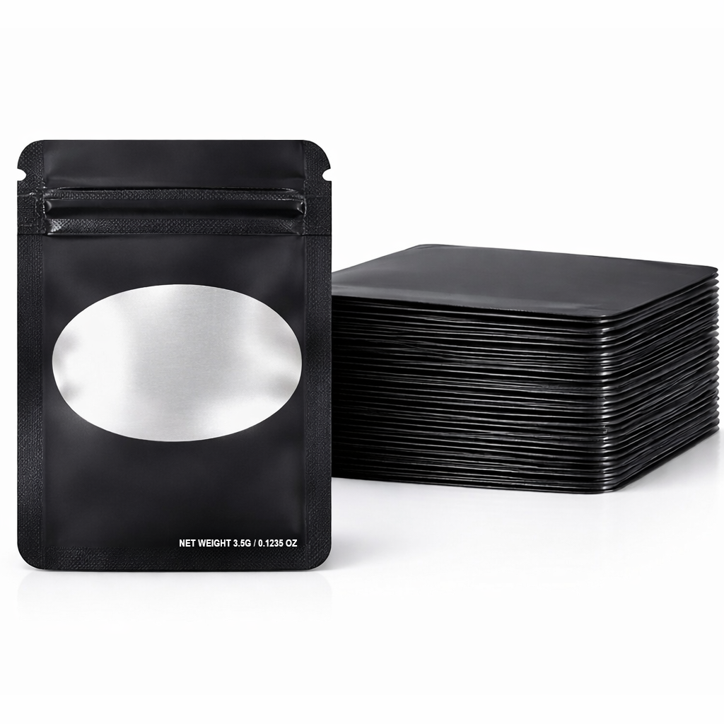 50 Pack – 3.5g Solid Color Mylar Bags Oval Window - Black - SMBW-35G-001