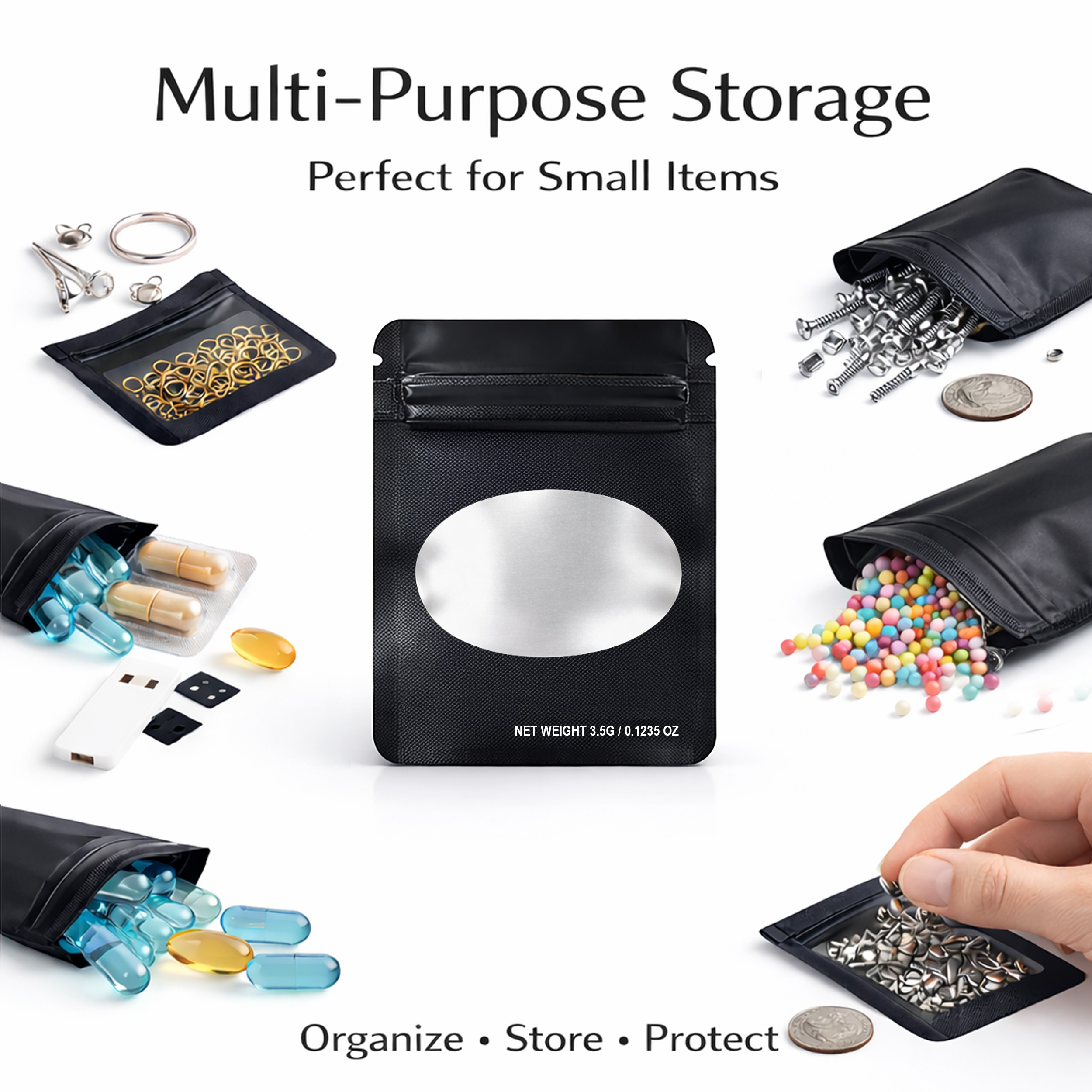 50 Pack – 3.5g Solid Color Mylar Bags Oval Window - Black - SMBW-35G-001 - Image 5