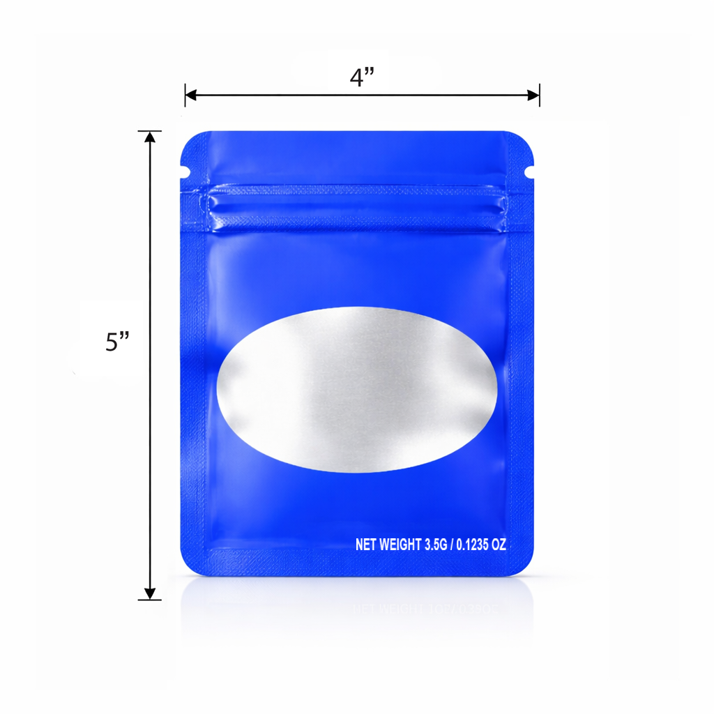 50 Pack – 3.5g Solid Color Mylar Bags Oval Window - Royal Blue - SMBW-35G-002 - Image 2