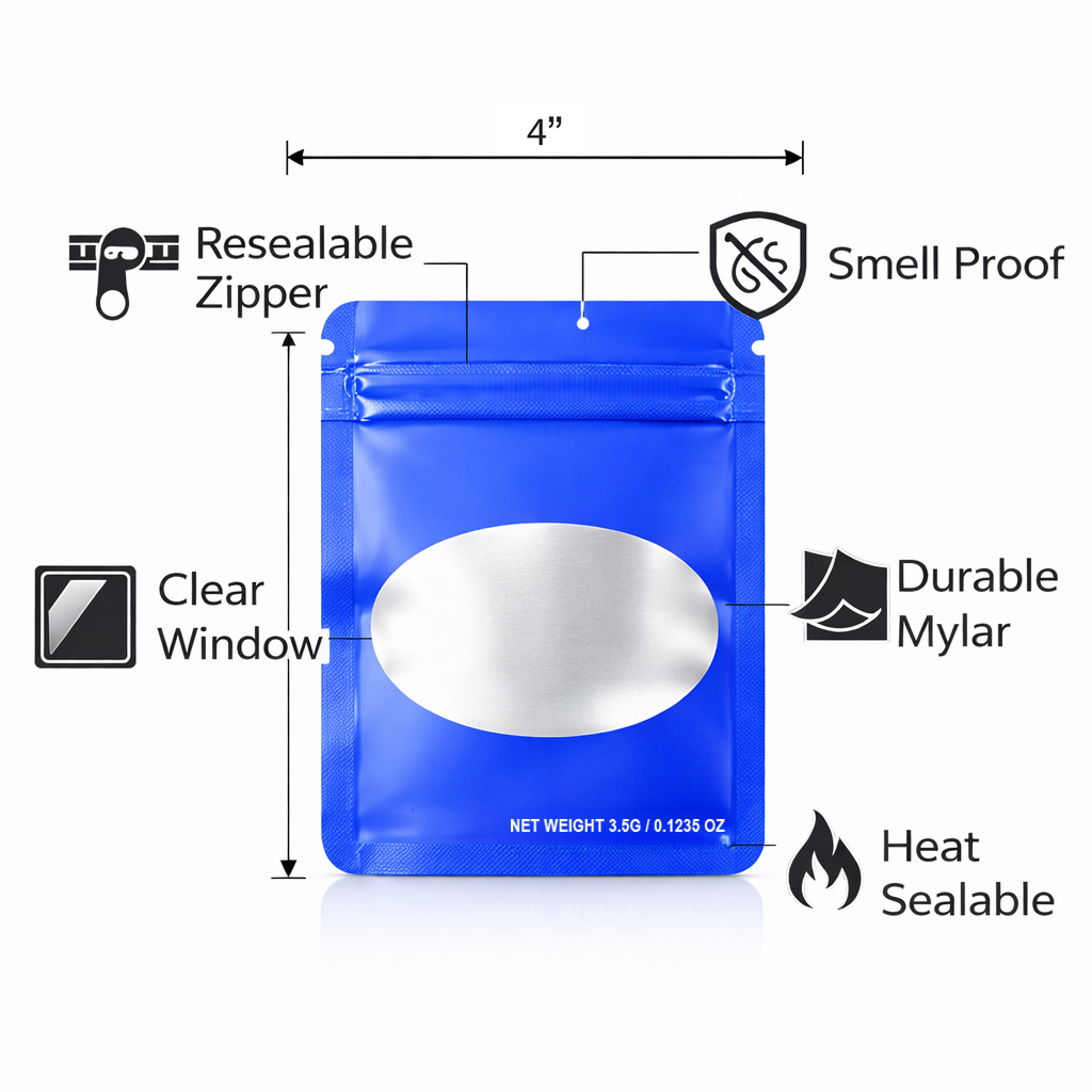 50 Pack – 3.5g Solid Color Mylar Bags Oval Window - Royal Blue - SMBW-35G-002 - Image 4