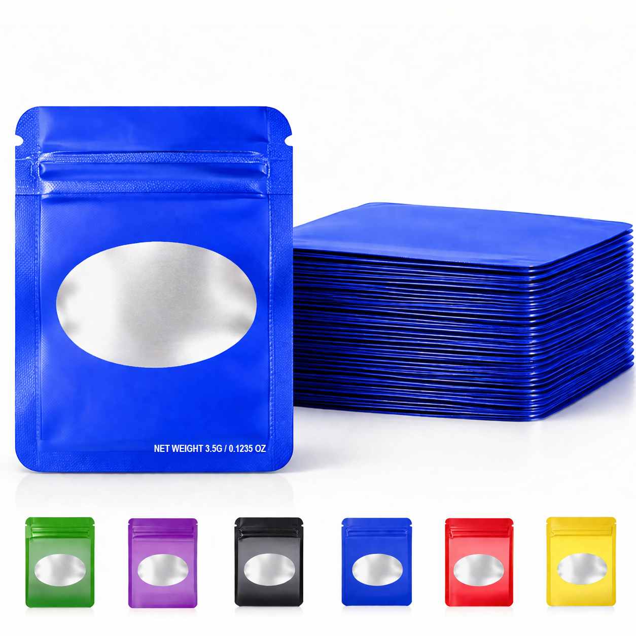50 Pack – 3.5g Solid Color Mylar Bags Oval Window - Royal Blue - SMBW-35G-002 - Image 6