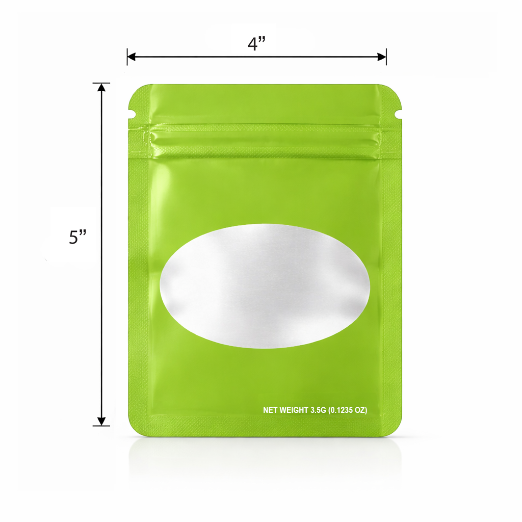50 Pack – 3.5g Solid Color Mylar Bags Oval Window - Lime Green - SMBW-35G-003 - Image 2