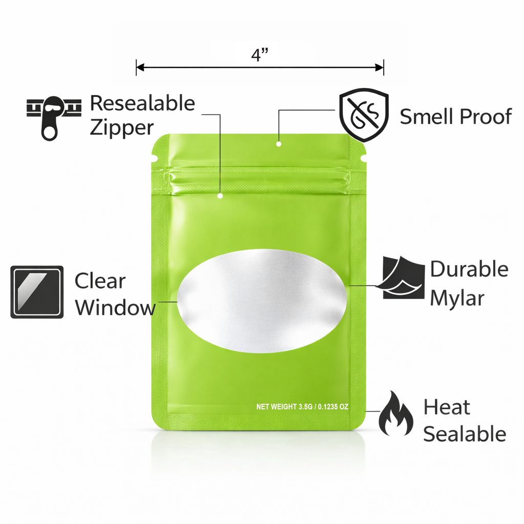 50 Pack – 3.5g Solid Color Mylar Bags Oval Window - Lime Green - SMBW-35G-003 - Image 5
