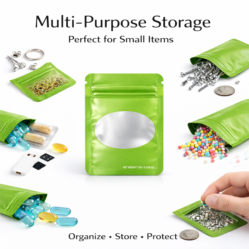 50 Pack – 3.5g Solid Color Mylar Bags Oval Window - Lime Green - SMBW-35G-003 - Image 4
