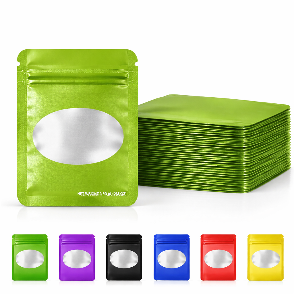 50 Pack – 3.5g Solid Color Mylar Bags Oval Window - Lime Green - SMBW-35G-003 - Image 3