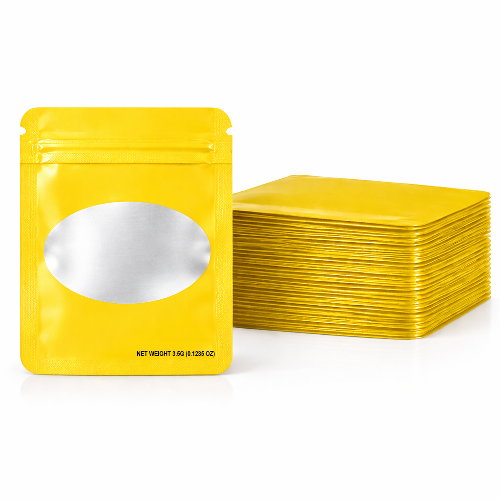 50 Pack – 3.5g Solid Color Mylar Bags Oval Window - Gold - SMBW-35G-004