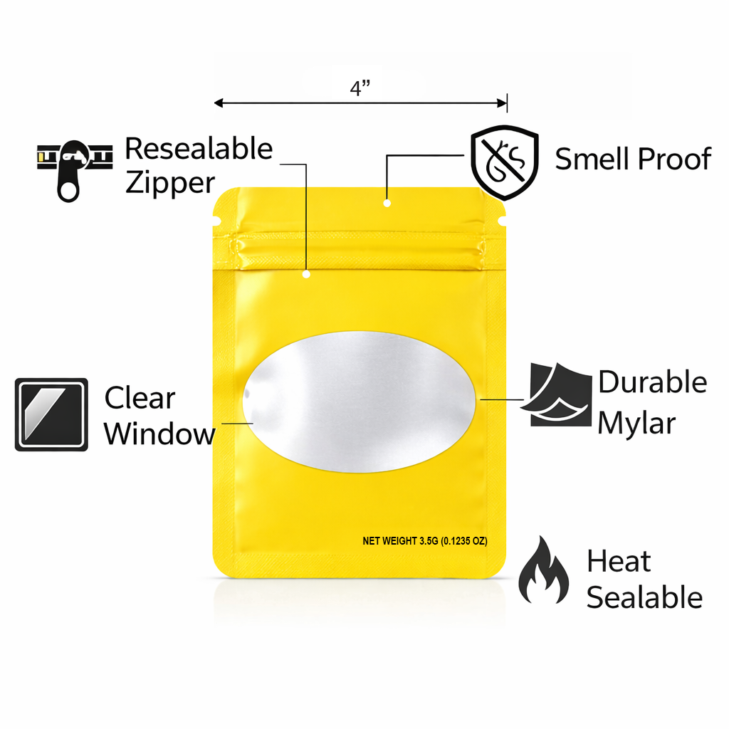 50 Pack – 3.5g Solid Color Mylar Bags Oval Window - Gold - SMBW-35G-004 - Image 4