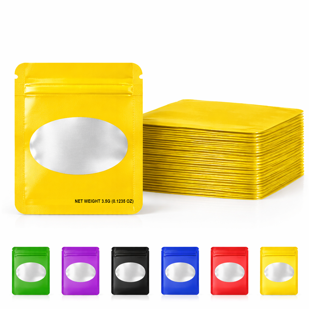 50 Pack – 3.5g Solid Color Mylar Bags Oval Window - Gold - SMBW-35G-004 - Image 6