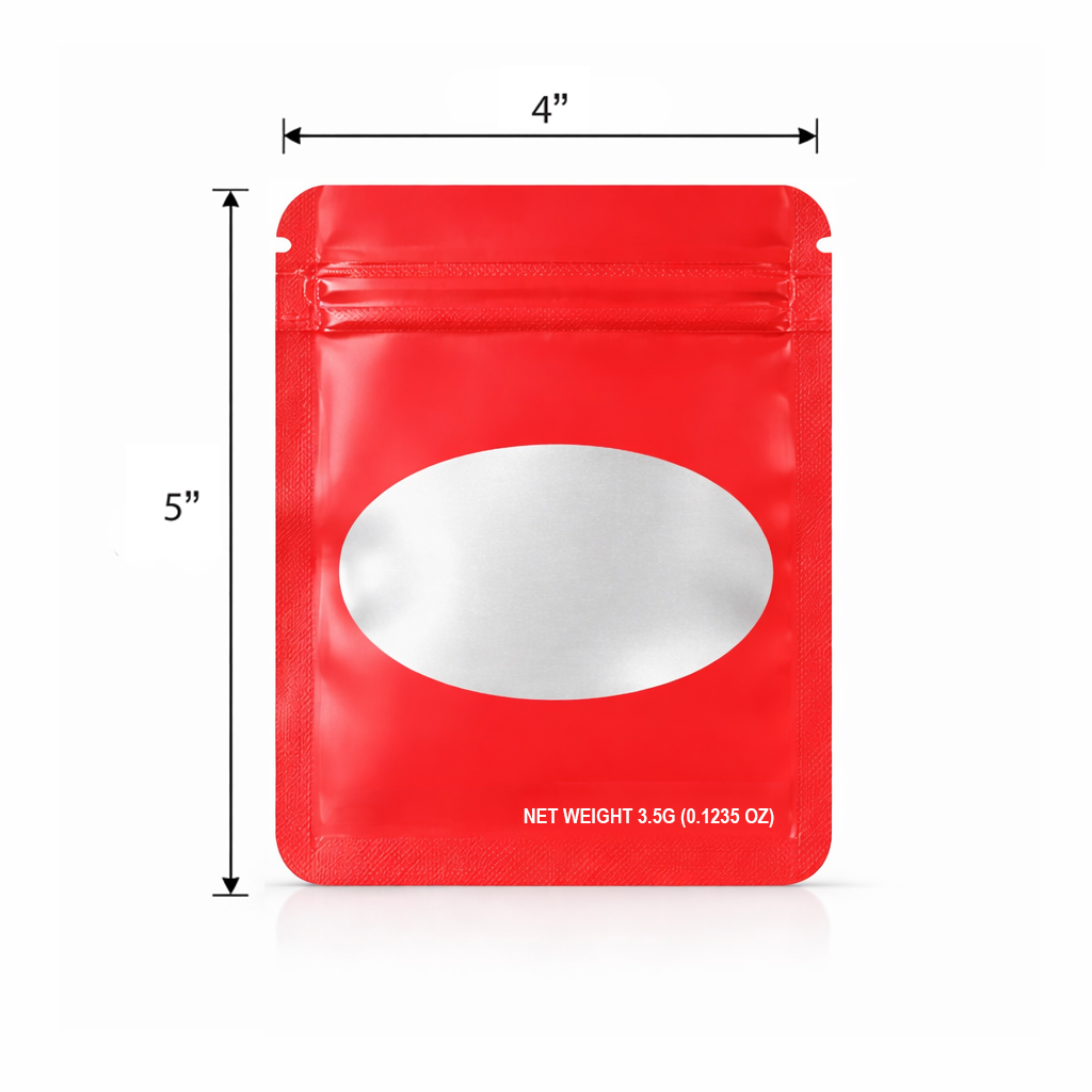 50 Pack – 3.5g Solid Color Mylar Bags Oval Window - Red - SMBW-35G-005 - Image 2