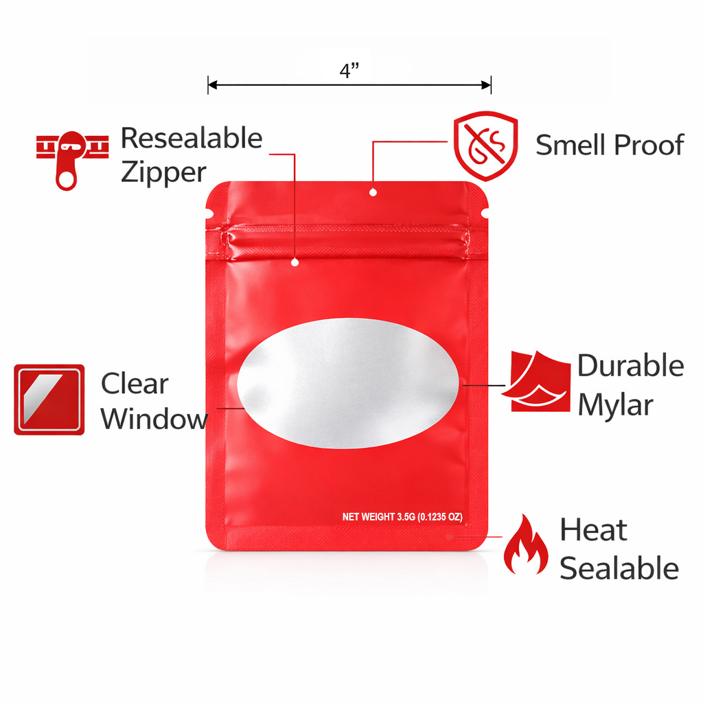 50 Pack – 3.5g Solid Color Mylar Bags Oval Window - Red - SMBW-35G-005 - Image 4