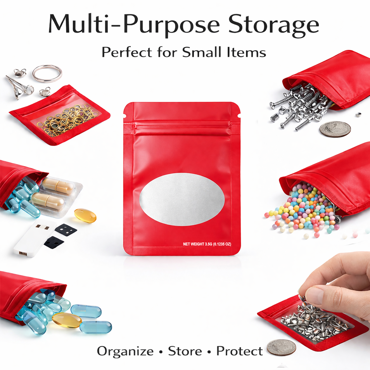 50 Pack – 3.5g Solid Color Mylar Bags Oval Window - Red - SMBW-35G-005 - Image 5