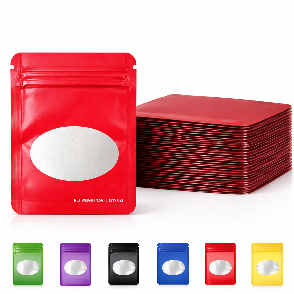 50 Pack – 3.5g Solid Color Mylar Bags Oval Window - Red - SMBW-35G-005 - Image 6