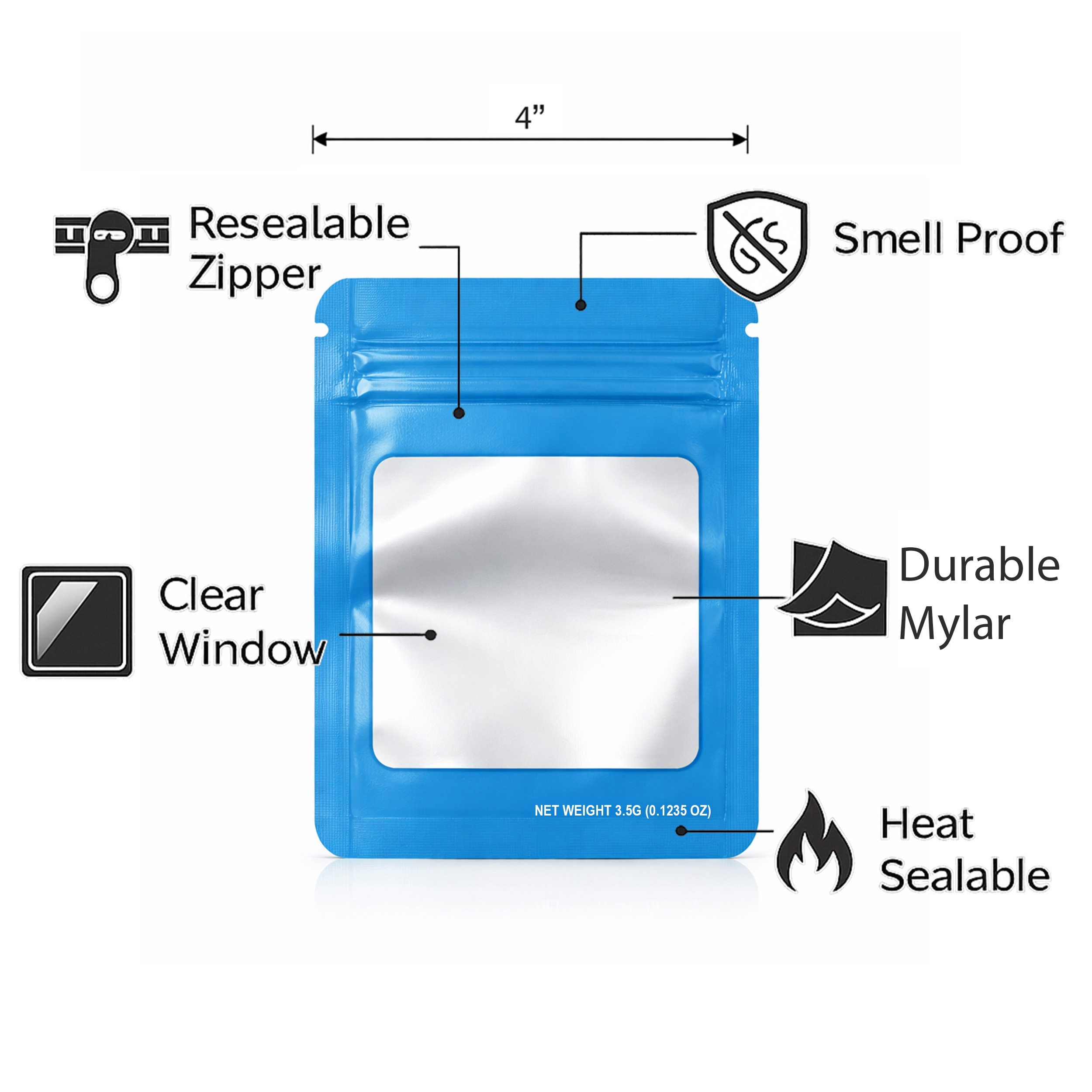 50 Pack – 3.5g Solid Color Mylar Bags Square Window - Light Blue - SMBW-35G-010 - Image 5