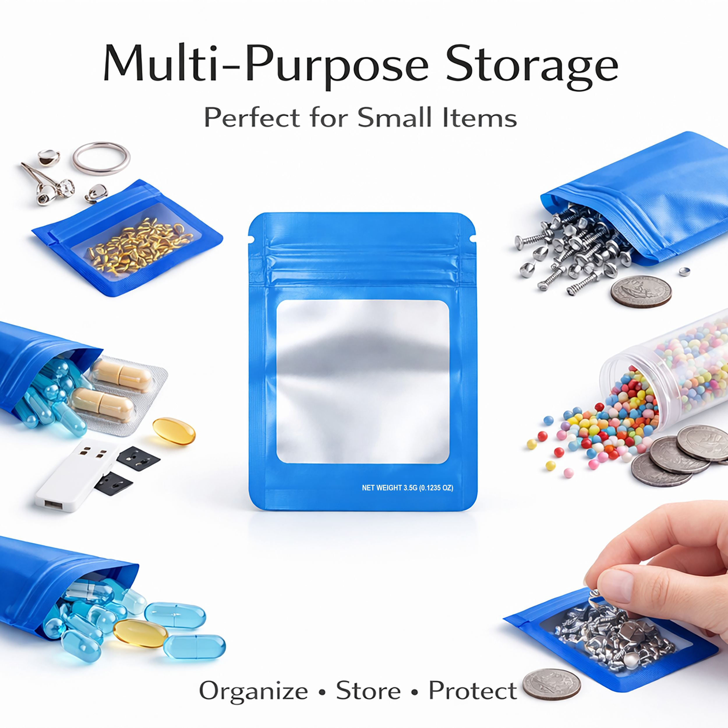 50 Pack – 3.5g Solid Color Mylar Bags Square Window - Light Blue - SMBW-35G-010 - Image 6
