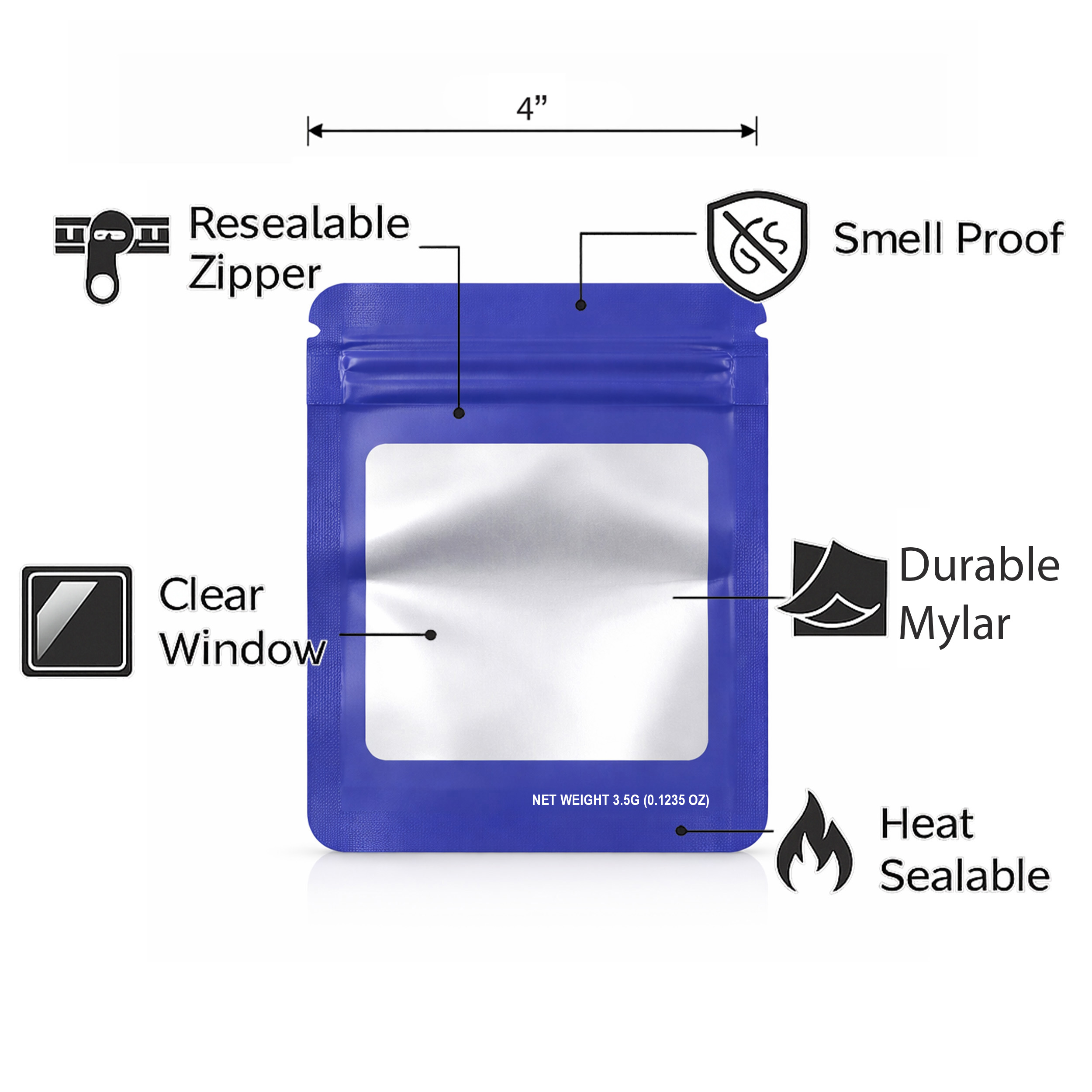 50 Pack – 3.5g Solid Color Mylar Bags Square Window - Purple - SMBW-35G-011 - Image 4