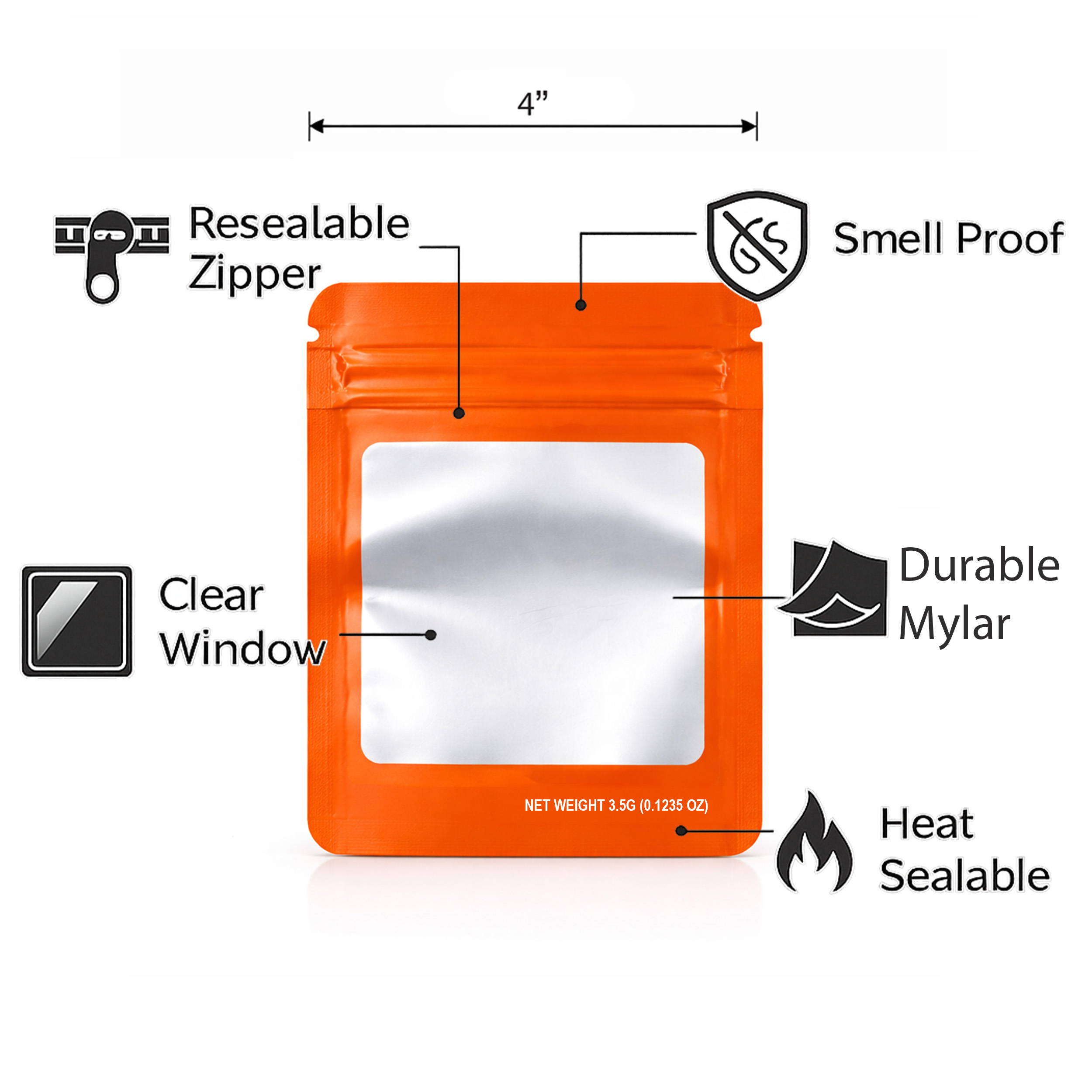 50 Pack – 3.5g Solid Color Mylar Bags Square Window - Orange - SMBW-35G-012 - Image 5