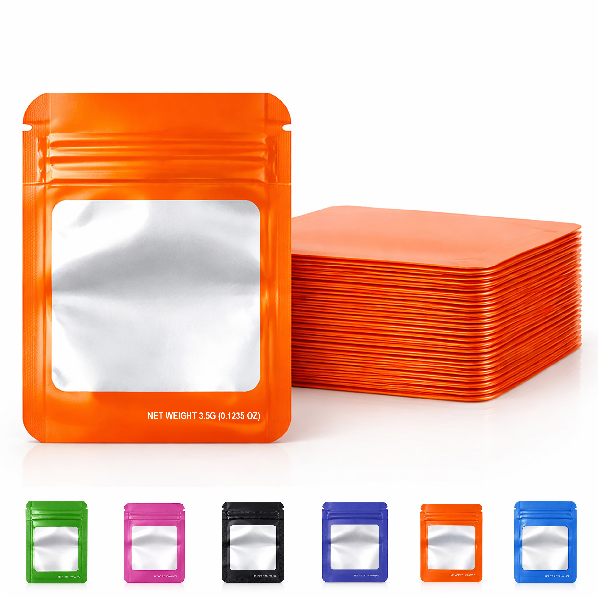 50 Pack – 3.5g Solid Color Mylar Bags Square Window - Orange - SMBW-35G-012 - Image 7