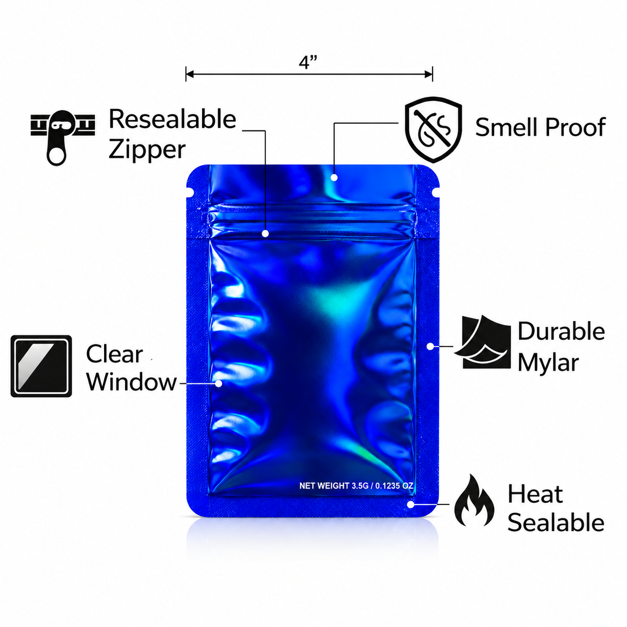 50 Pack – 3.5g Solid Color Mylar Bags Plain No Window - Metallic Royal Blue - SMBW-35G-023 - Image 4