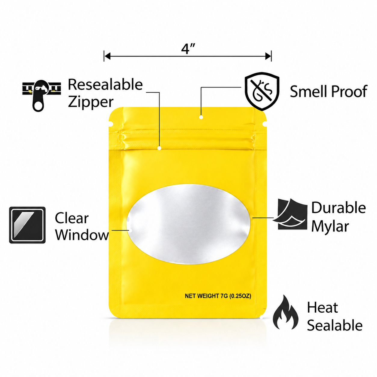 7 Gram Mylar Bag – Premium Smell-Proof Flower Packaging - Yellow Solid Color (50 Count) SMBW-7G-004 - Image 4