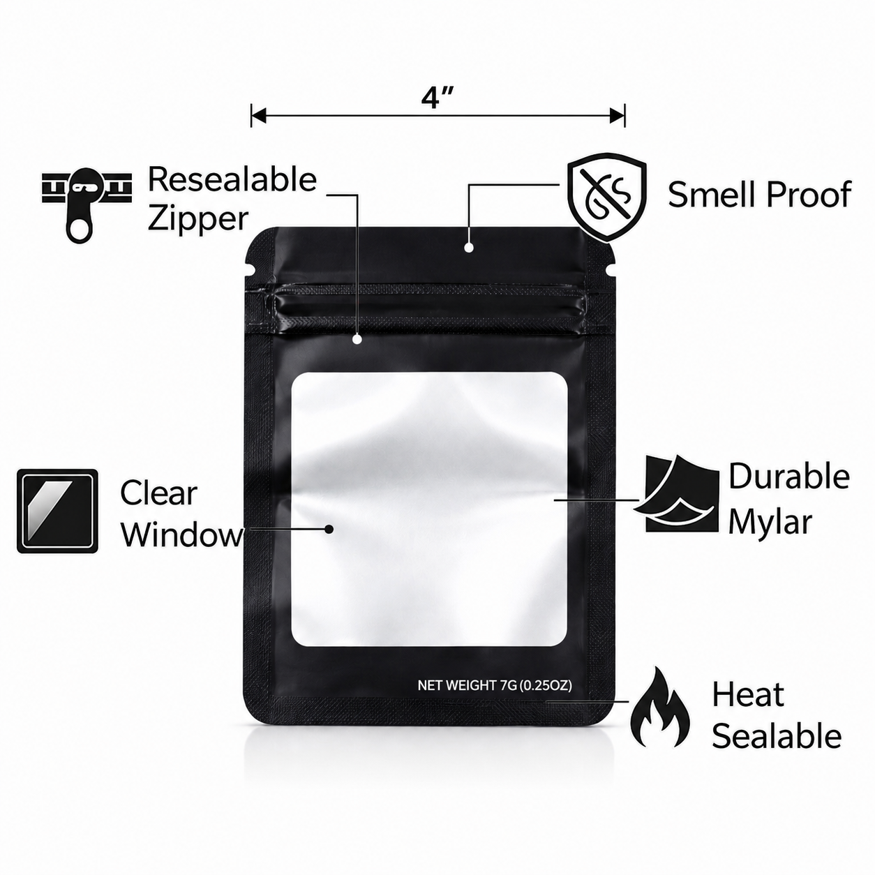 7g Blank Square Window Mylar Bag – Premium Packaging (Black) SMBW-7G-007 - Image 4
