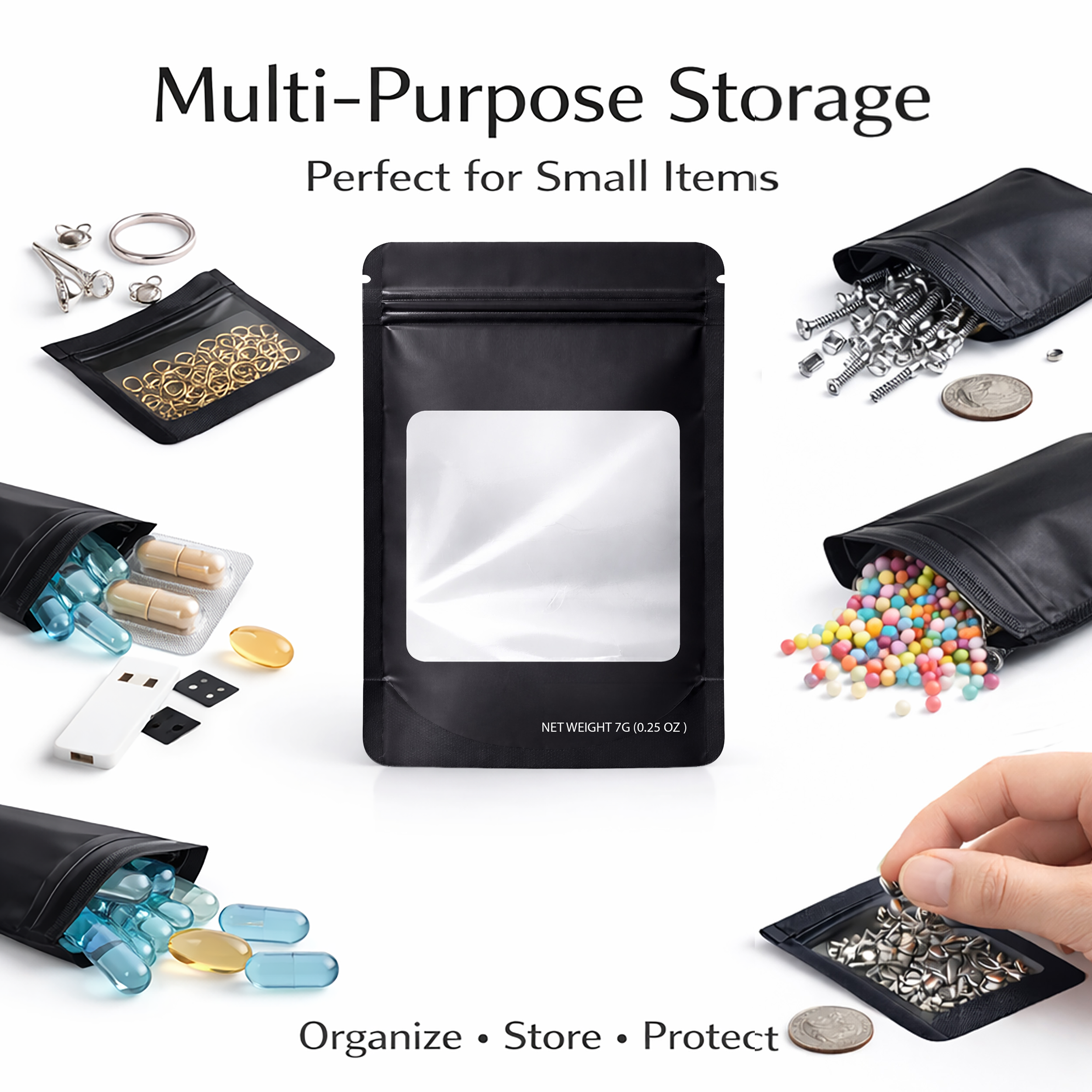 7g Blank Square Window Mylar Bag – Premium Packaging (Black) SMBW-7G-007 - Image 5