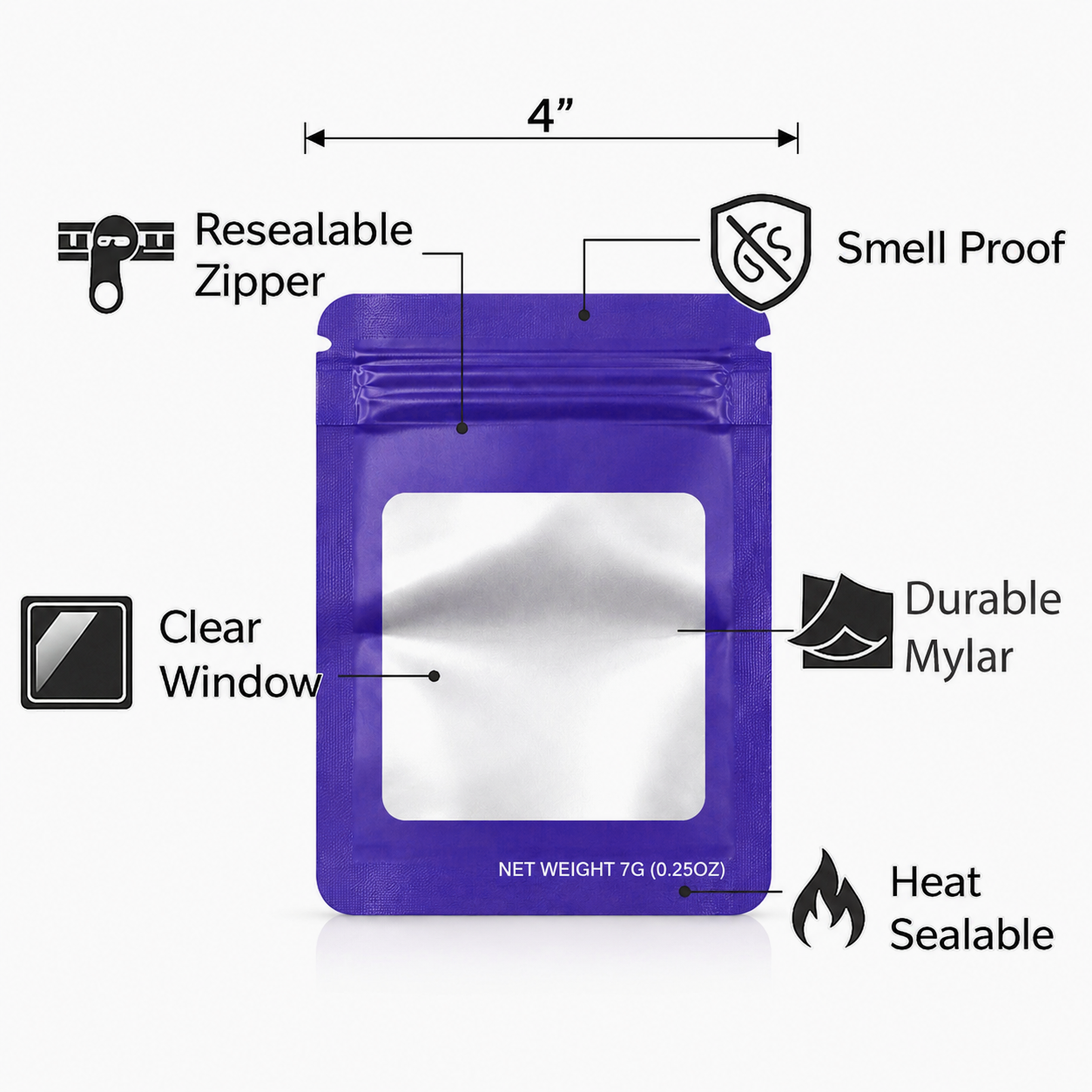 7g Blank Square Window Mylar Bag – Premium Packaging (Purple) SMBW-7G-011 - Image 4