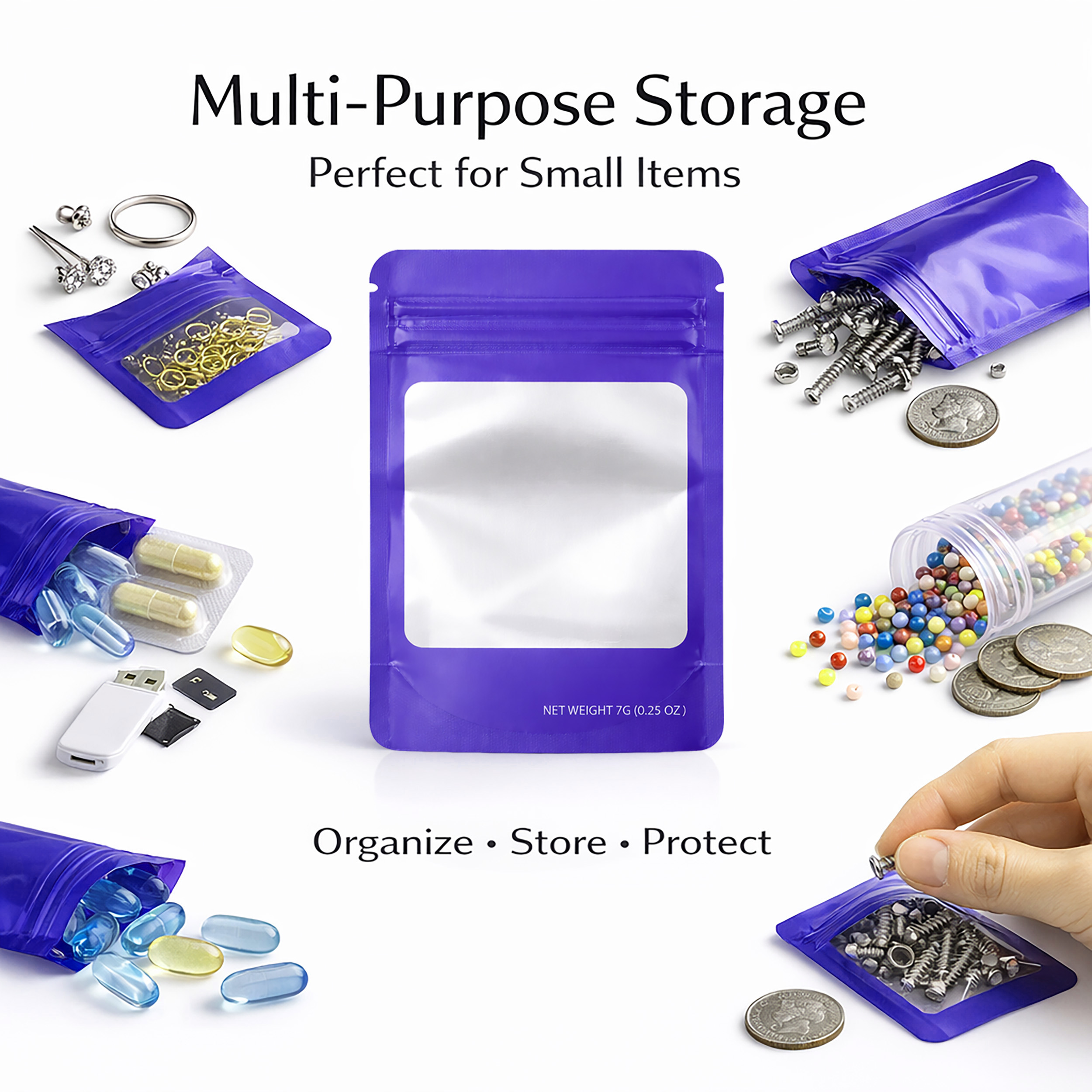 7g Blank Square Window Mylar Bag – Premium Packaging (Purple) SMBW-7G-011 - Image 5