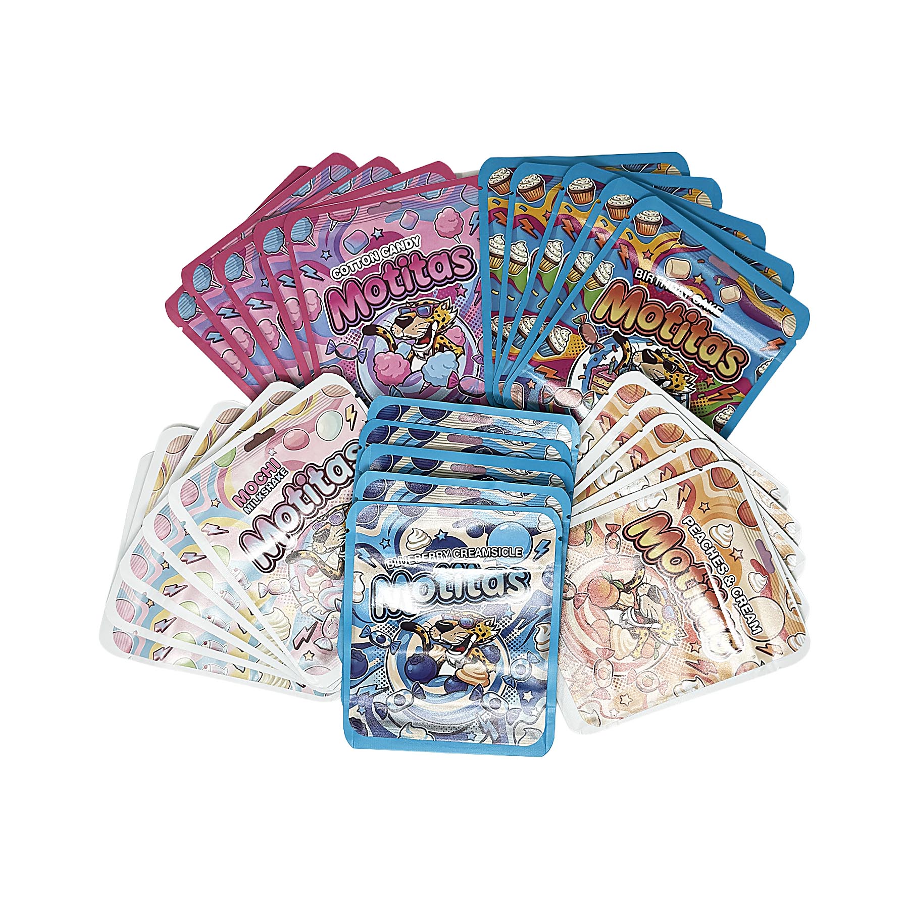 25 Pack 3.5g Thick Sticker Mylar Bags Premium Smell Proof Packaging Mix | Motitas Collection (STB-35-015)