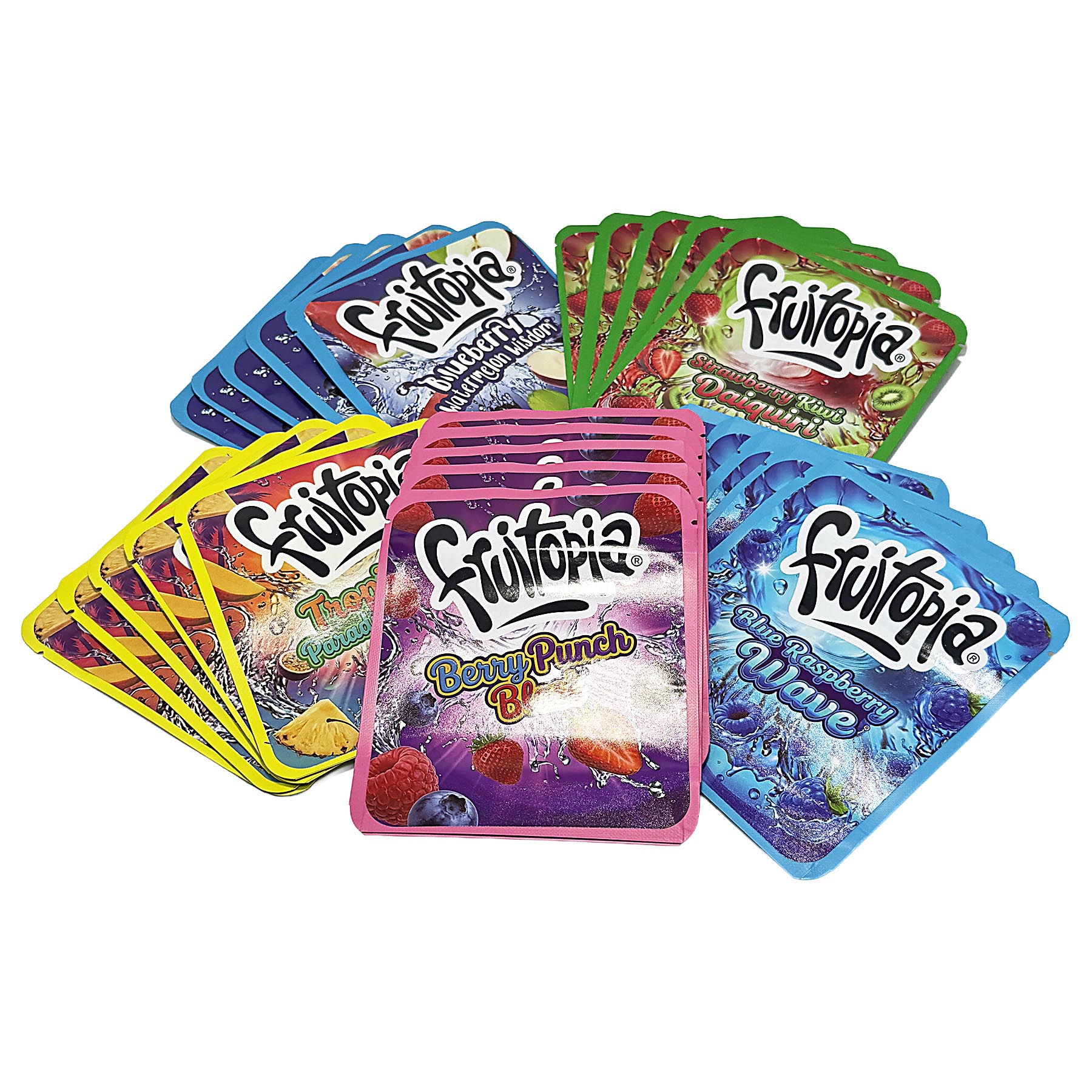 25 Pack 3.5g Thick Sticker Mylar Bags Premium Smell Proof Packaging Mix | Fruitopia Collection (STB-35-016)