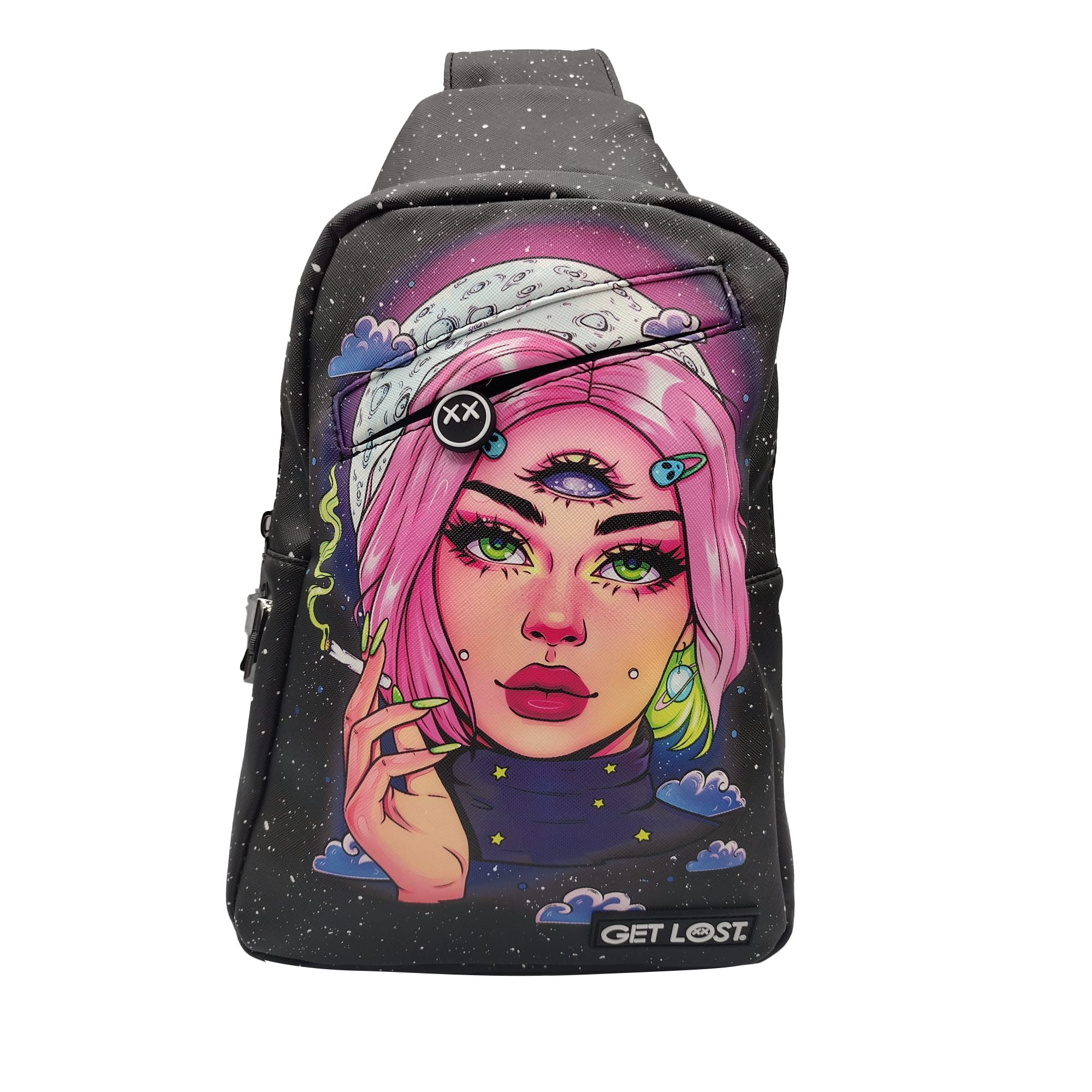 SB-SL-001 Get Lost - Premium Saffiano Leather Shoulder Bag (Galactic Pink Hair Girl)