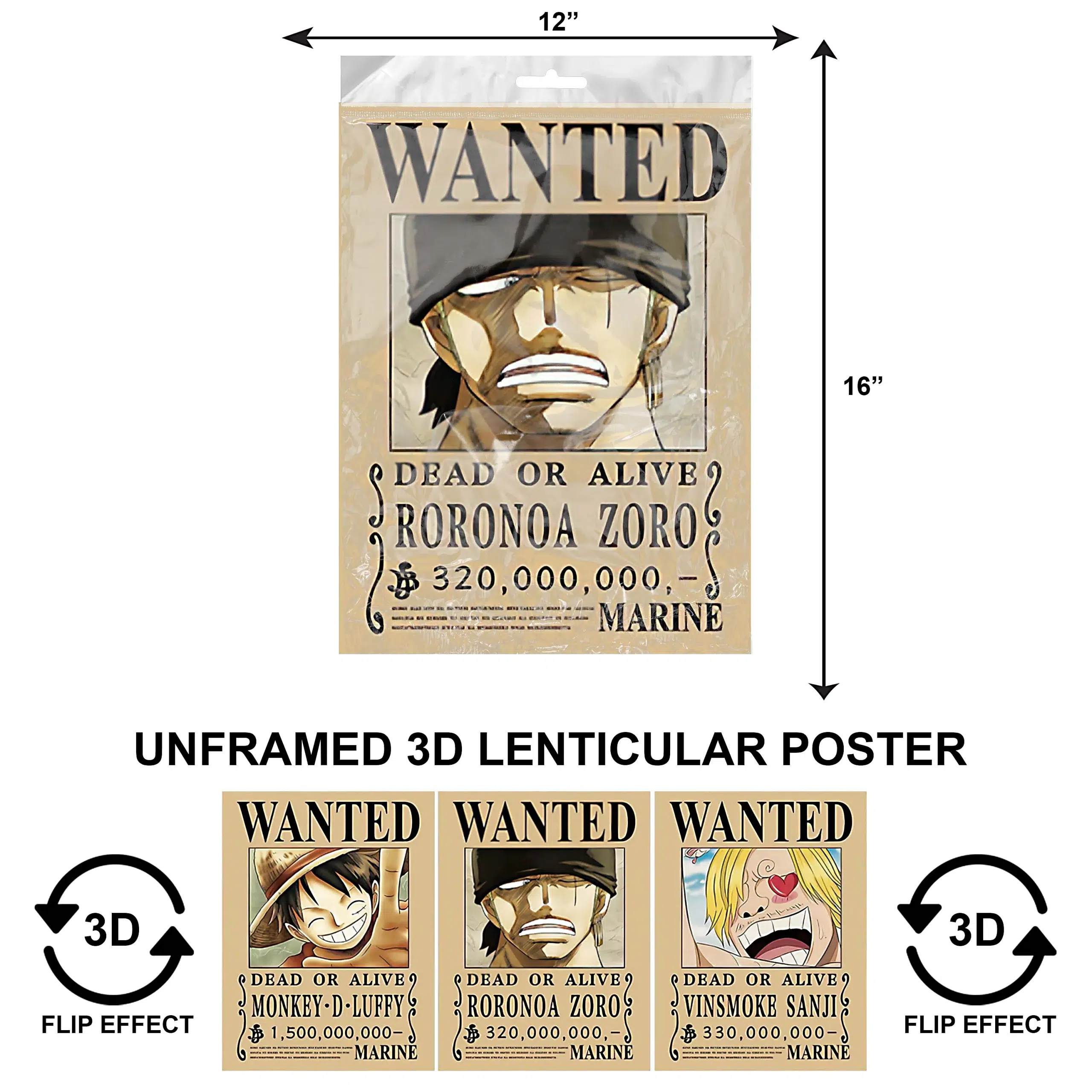 3DPNF-052 Anime - Wanted - Luffy, Zoro, Sanji UnFramed Poster