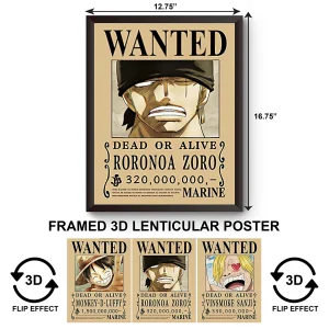 3DPWF-029 Anime - Wanted - Luffy, Zoro, Sanji Framed Poster