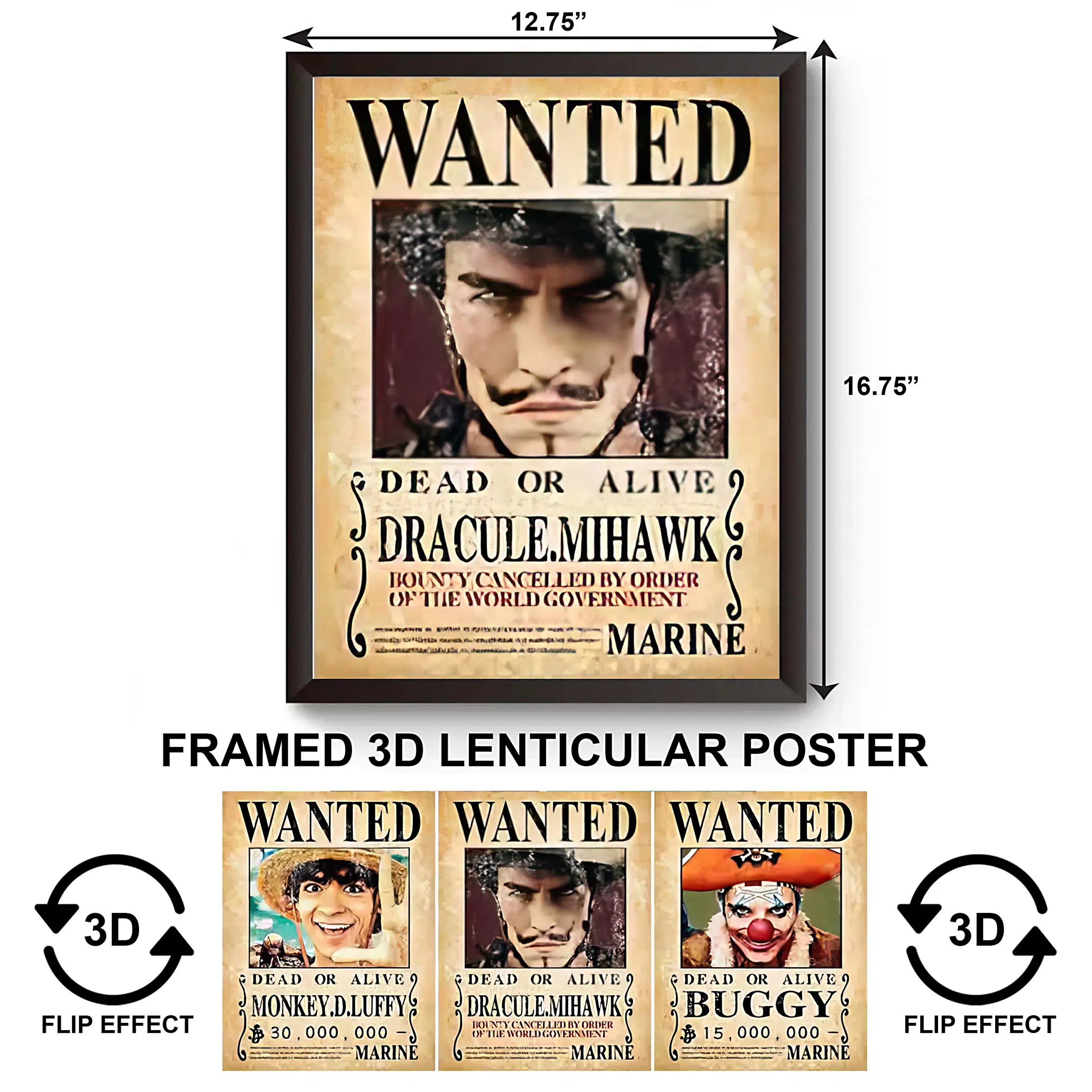 3DPWF-030 Anime - Wanted - Luffy, Mihawk, Buggy Framed Poster