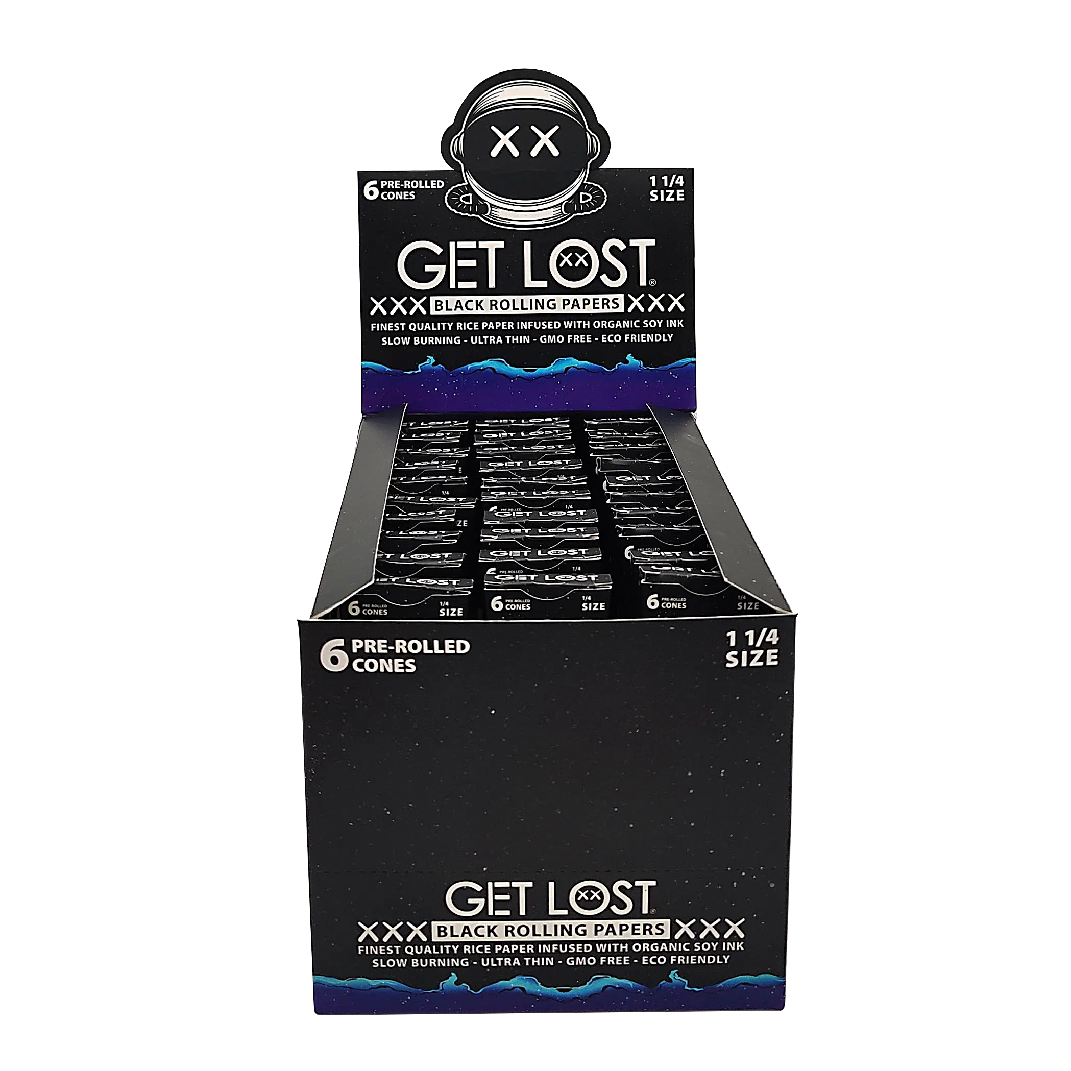 BPRC-114-001 Get Lost - Black Pre Rolled Cones Tip Trapezoid 1 1/4" (6 count, 30 Pack Display) - Image 2