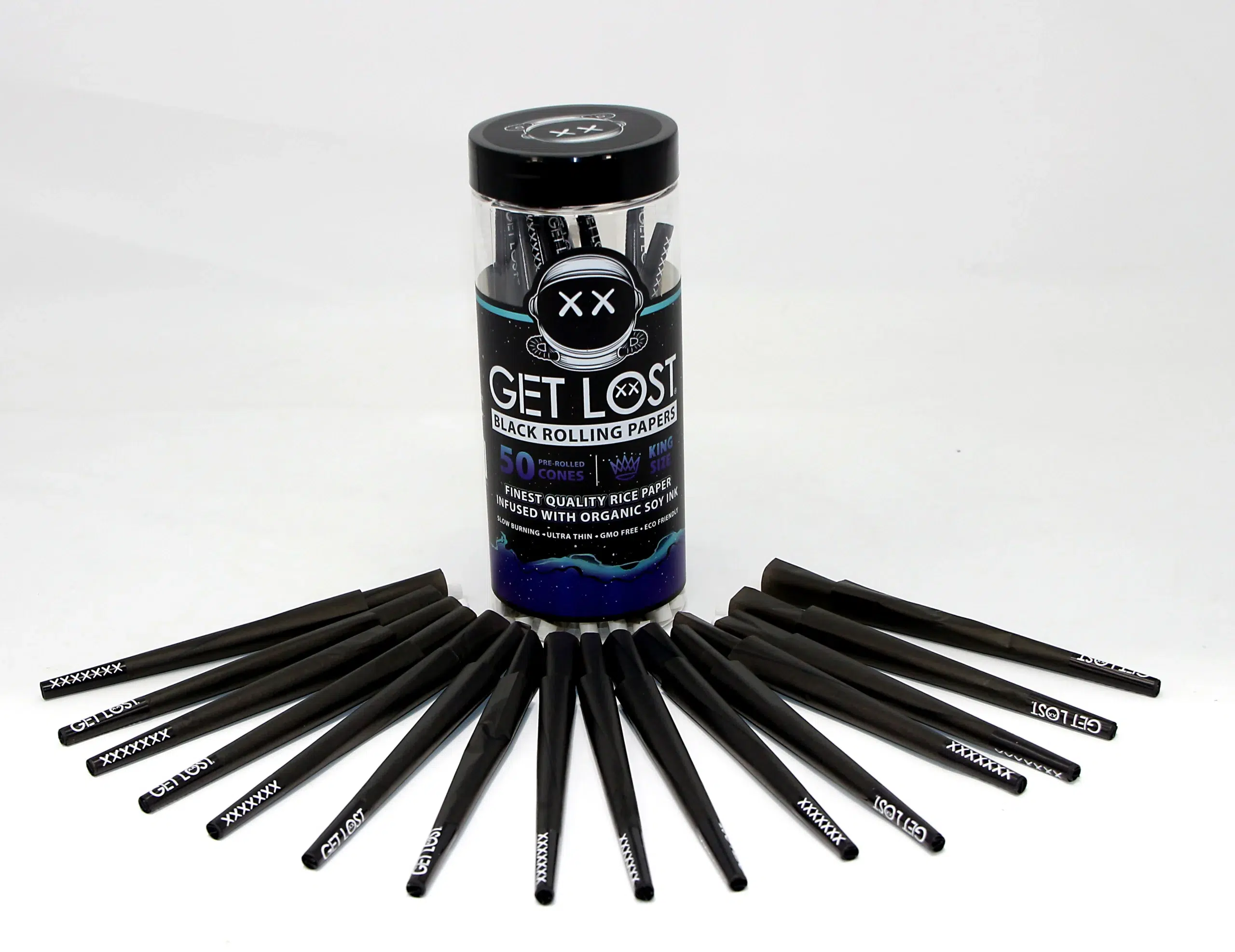 BPRCJ-KS-004 – Get Lost Black Pre-Rolled Cones King Size (50 Count Jar) - Image 3