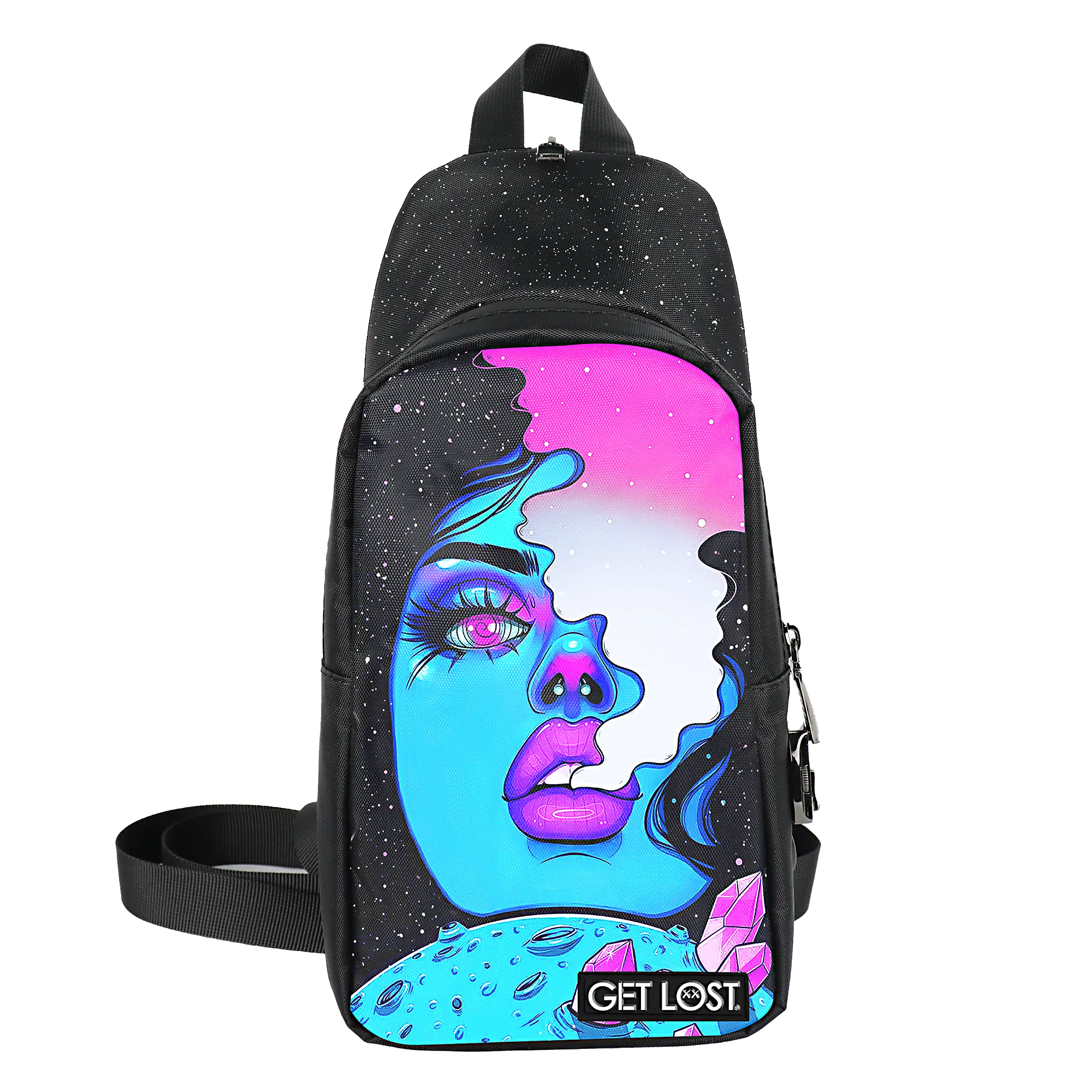 CB-SL-002 Get Lost Saffiano Leather Smell-Proof Premium Convertible Bag (Galaxy Blue Girl Smoking)