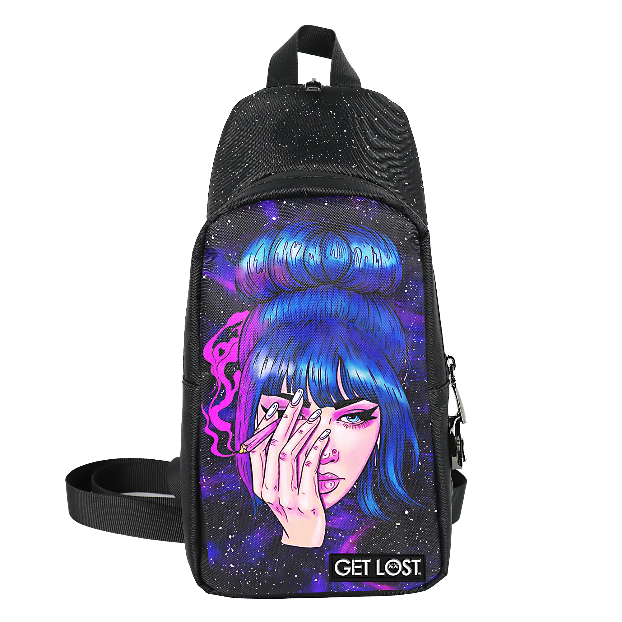 CB-SL-005 Get Lost Saffiano Leather Smell-Proof Premium Convertible Bag (Trippy Girl Smoking)
