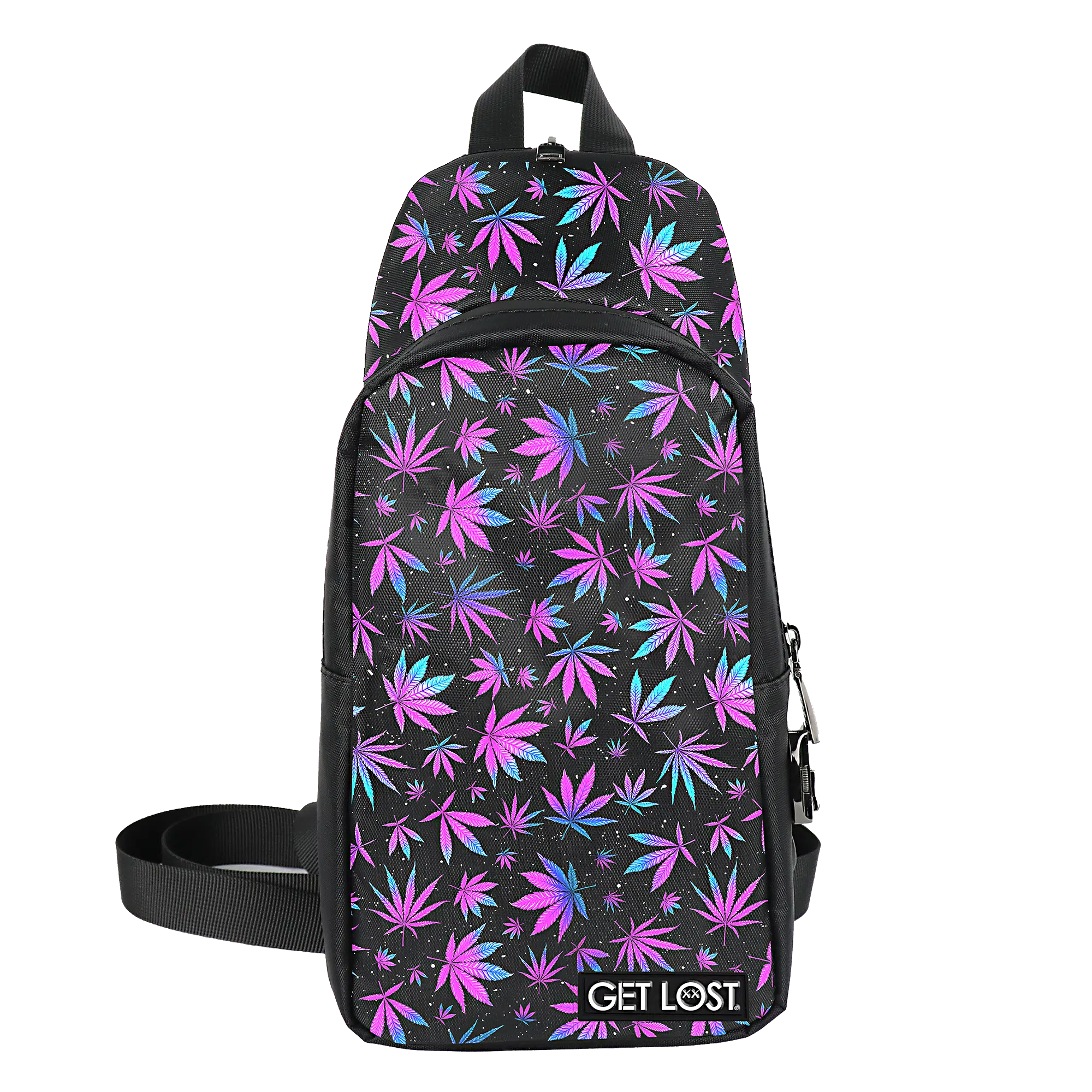 CB-SL-013 Get Lost Saffiano Leather Smell-Proof Premium Convertible Bag (Purple Blue Leaves)